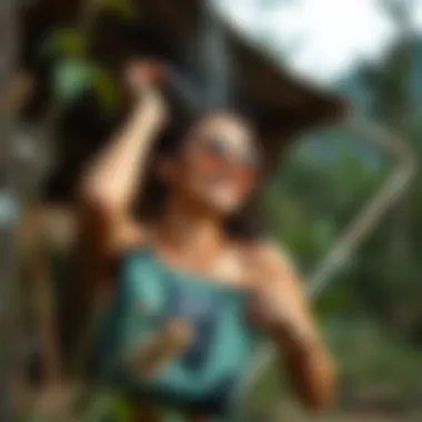 Enjoying the Convenience of Solar Shower in the Wild User enjoying shower with solar powered bag