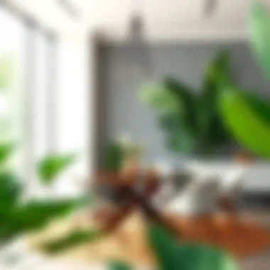 Modern Dining Space Decorated with Artificial Banana Leaves Creative use of artificial banana leaves in a modern dining space