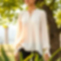 Elegant chiffon tunic blouse showcased in a serene outdoor setting