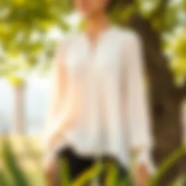 Chic Chiffon Tunic Blouse in Nature Elegant chiffon tunic blouse showcased in a serene outdoor setting