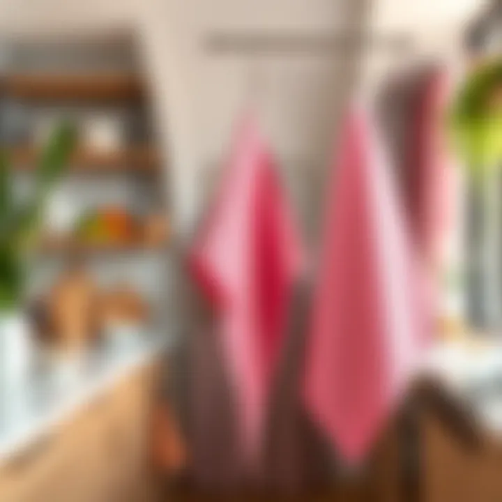 Elegant Display of Pink Dish Cloths A pink dish cloth hanging elegantly in a beautifully arranged kitchen
