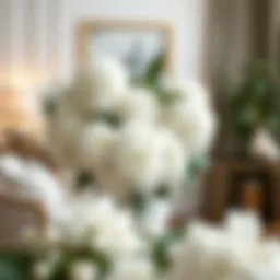 Elegant arrangement of white faux hydrangeas in a chic interior setting