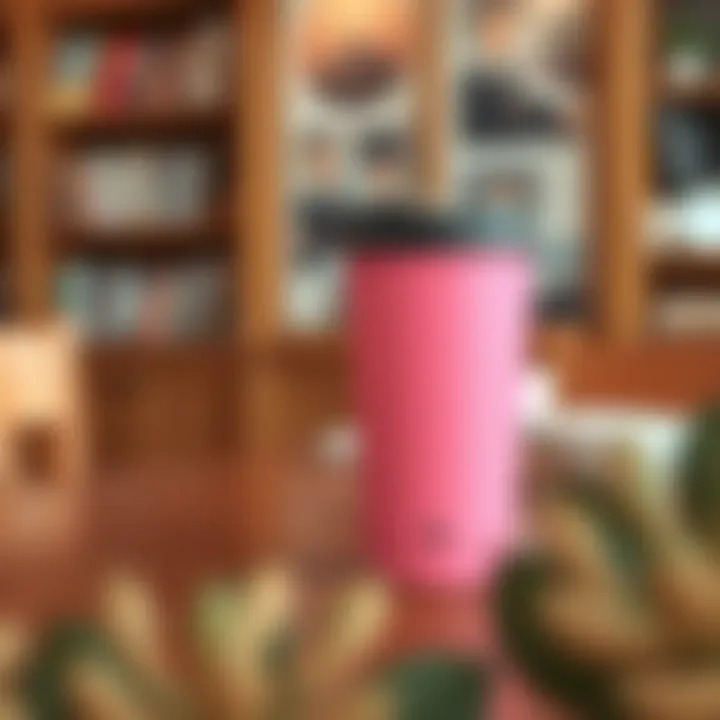 Aesthetic Appeal of Pink Coffee Mug Stylish pink travel coffee mug resting on a wooden table