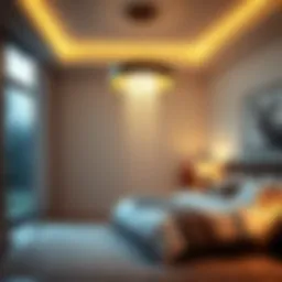 Elegant waterfall light fixture illuminating a serene bedroom