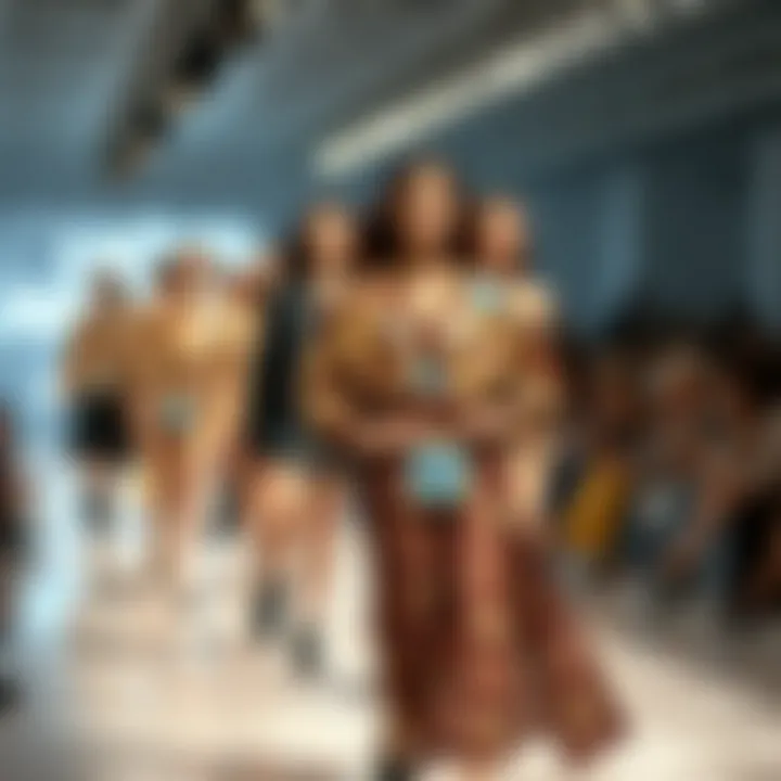 A fashion runway displaying models adorned with clothing featuring innovative 3D tile stickers