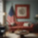 An elegant living room featuring a vintage flag as a focal decorative piece