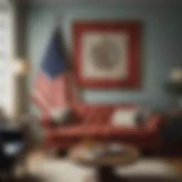 An elegant living room featuring a vintage flag as a focal decorative piece