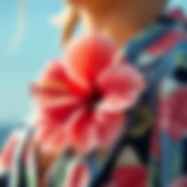 Hibiscus Beauty: A Touch of Nature on Fashion Close-up of a delicate hibiscus flower clip on a stylish outfit