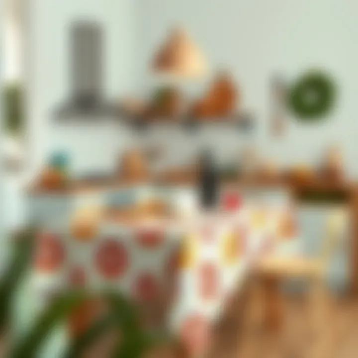 Cozy Home Setting with Donut Tablecloth A cozy home setting featuring a donut tablecloth on a kitchen table, complemented by stylish accessories