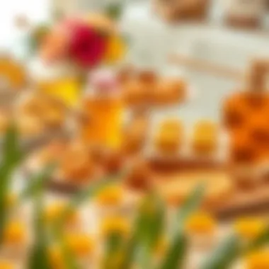 Decorative Table Display of Honey Treats A table display featuring various honey-inspired treats