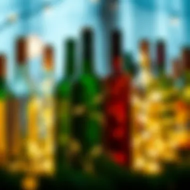 Artistic Display of Repurposed Wine Bottles A collection of repurposed wine bottles, each uniquely designed with fairy lights for an artistic display.