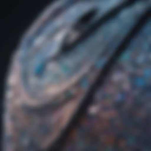 A close-up view of an iridescent evening bag showcasing its shimmering texture