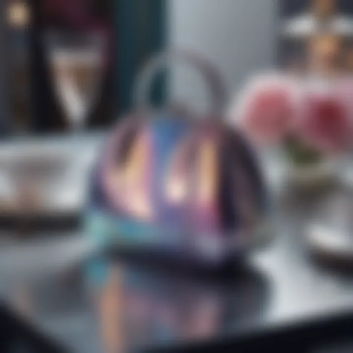 Elegance in Design: The Iridescent Evening Bag in Style An elegant iridescent evening bag displayed on a stylish table setting