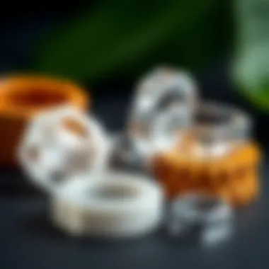 Different materials used for invisible ring adjusters displayed aesthetically