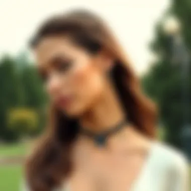 Elegance of Black Spade Necklace in Outdoor Setting Model elegantly wearing a black spade necklace in an outdoor setting