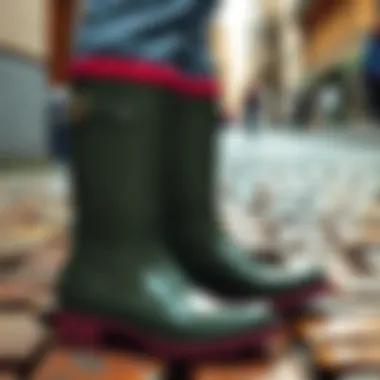 Fashionable Rain Boots for Urban Exploration Stylish rain boots on a cobblestone street