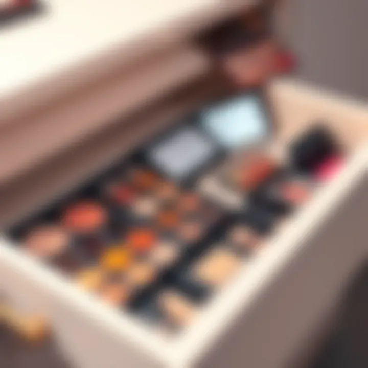 Aesthetic arrangement of colorful makeup palettes in a drawer
