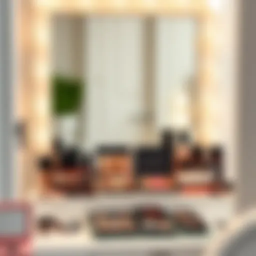 Chic Vanity with Organized Makeup Palettes Elegant organization of makeup palettes in a chic vanity