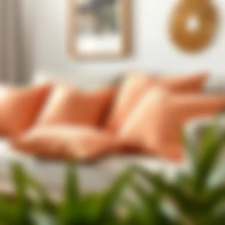 Stylish arrangement of peach pillow covers on a modern sofa