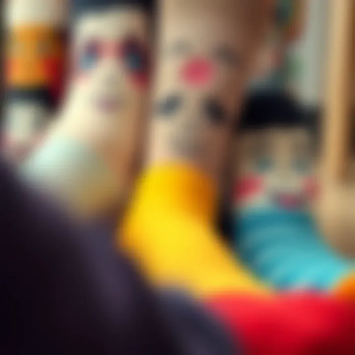 A close-up view of personalized socks showcasing various facial expressions