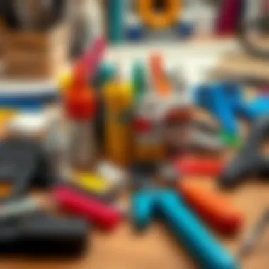Essential Tools and Adhesives for Scrapbooking An array of adhesives and tools for scrapbooking showcased on a workspace.