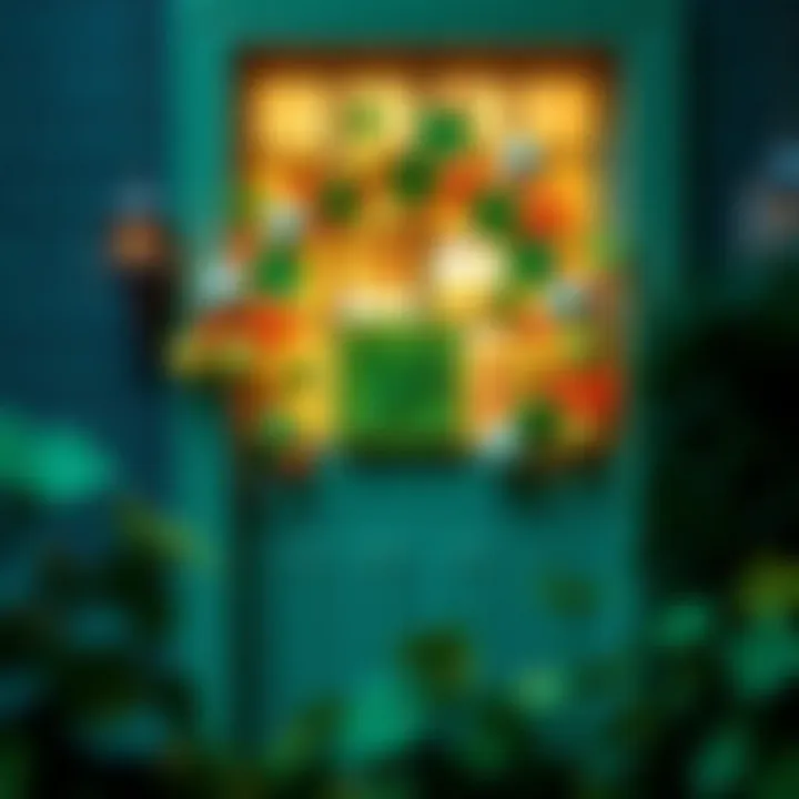 Creative modern St. Patrick's Day door decoration with bright colors