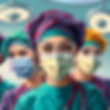 A surgical team wearing matching colorful scrub hats