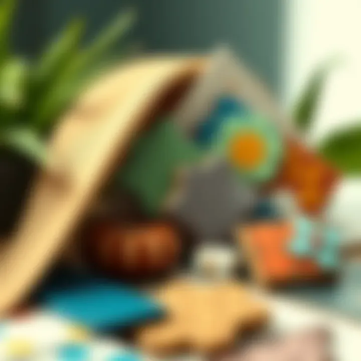 An array of sustainable materials alongside 3D tile stickers reflecting eco-friendly fashion choices