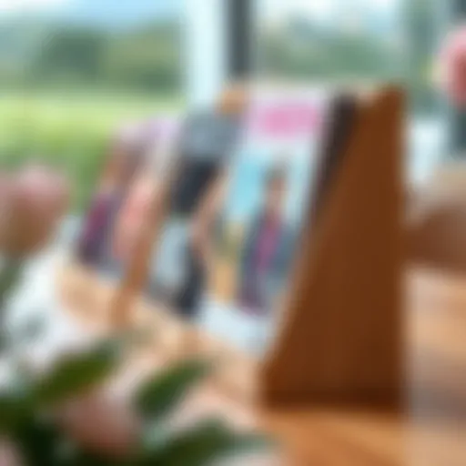 Elegant wooden tabletop bookstand showcasing a collection of fashion magazines