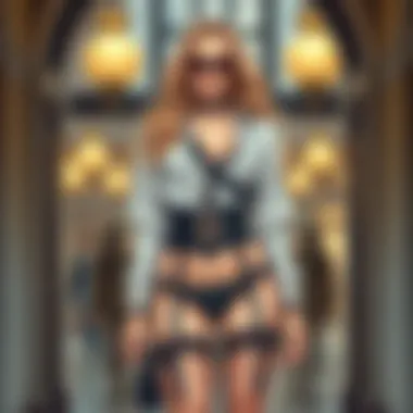 Fashion-forward Outfit with Garter Belts and Panty Hose A fashionable outfit incorporating garter belts and panty hose as statement pieces.