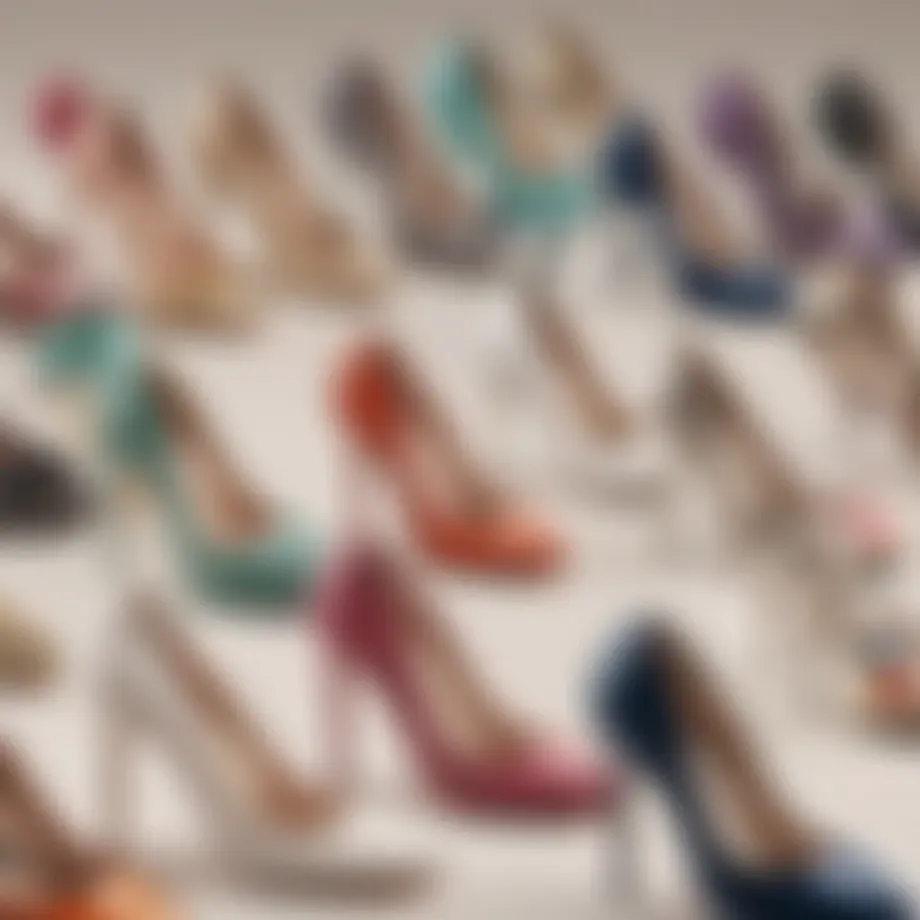 An elegant arrangement of various styles of high heel pumps showcasing their artistic design.