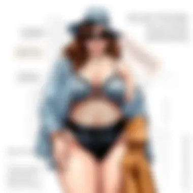 A curated fashion ensemble featuring a plus size fishnet bodysuit styled with various accessories for a chic look.