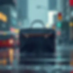 Sleek waterproof briefcase set against a rain-soaked backdrop