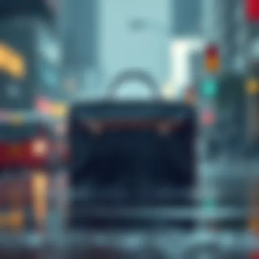 Sleek waterproof briefcase set against a rain-soaked backdrop