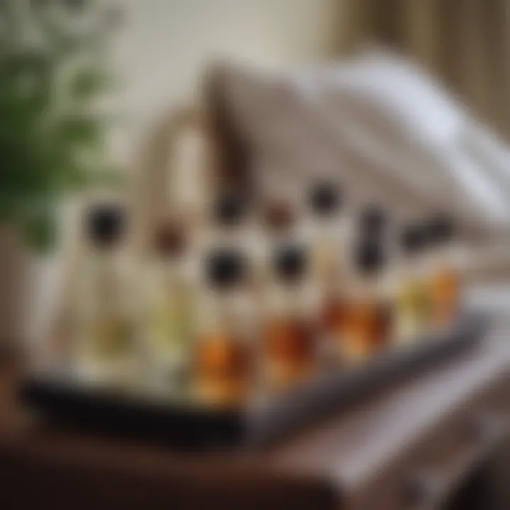 Elegant Display of Essential Oils An array of essential oils displayed elegantly on a bedside table