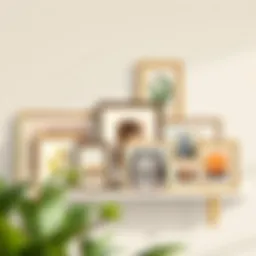 Elegant arrangement of picture frames on a shelf showcasing a variety of art styles