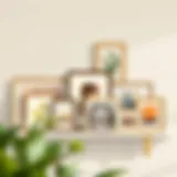 Elegant Shelf Display with Picture Frames Elegant arrangement of picture frames on a shelf showcasing a variety of art styles
