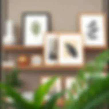 Modern Shelf with Framed Artwork Close-up of a modern shelf with framed artwork and decorative objects enhancing the aesthetic