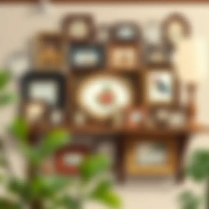 Traditional Shelf Display with Vintage Frames Traditional wooden shelf adorned with vintage frames and personal memorabilia creating a nostalgic vibe