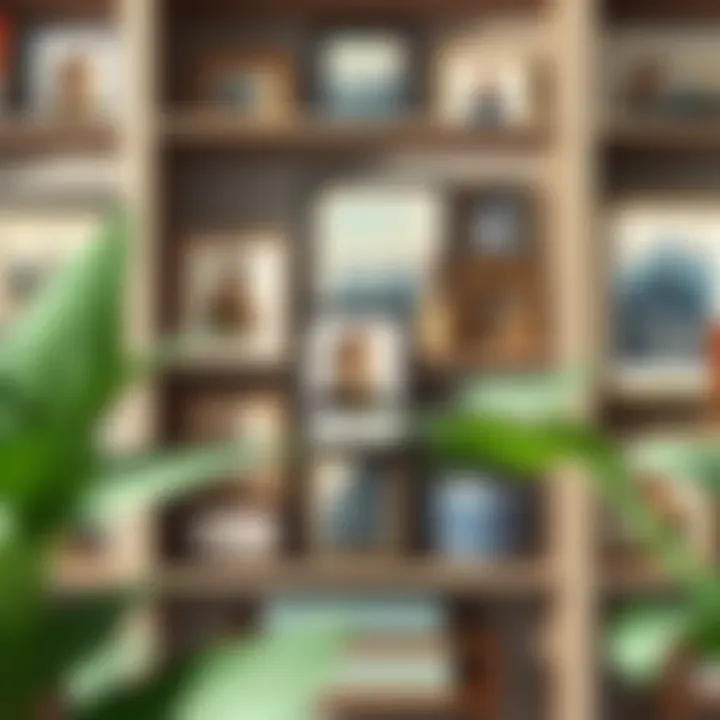 Visual Storytelling Through Framed Displays A well-organized shelf featuring a mix of framed photos and art pieces that tell a visual story