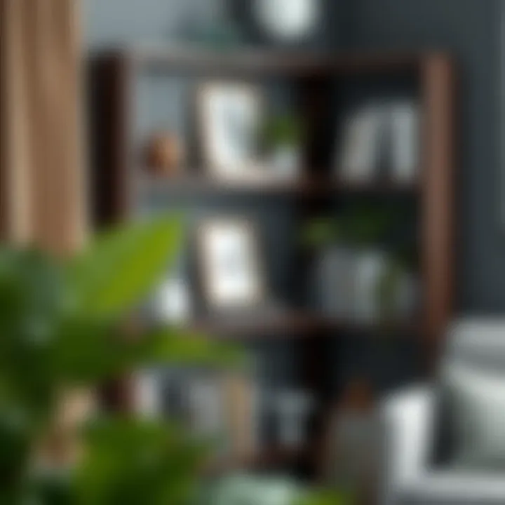 Functional Dark Wood Corner Shelf with Decor Functional dark wood corner shelf with books and plants