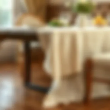 Elegant Dining Scene with Beige Linen Elegant beige linen tablecloth draped over a rustic wooden dining table