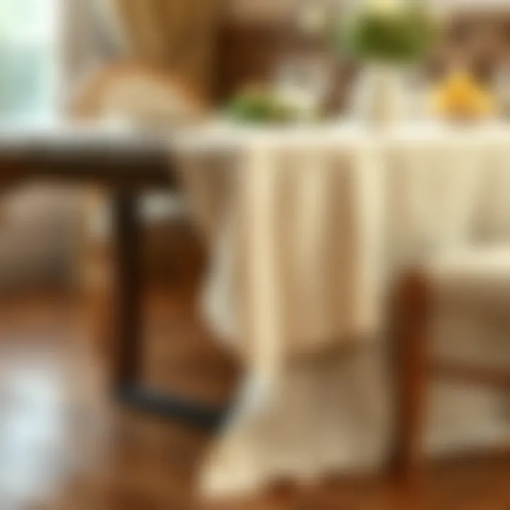 Elegant Dining Scene with Beige Linen Elegant beige linen tablecloth draped over a rustic wooden dining table