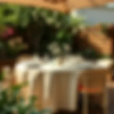 Serene Outdoor Dining with Beige Linen A serene outdoor dining arrangement showcasing a beige linen tablecloth
