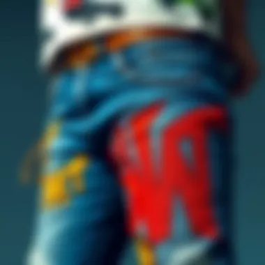 A close-up of skinny jeans with unique designs reflecting hip-hop culture