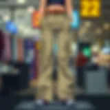 Stylish bell bottom cargo pants on display