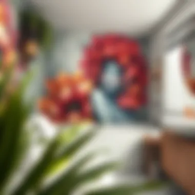 An eclectic bathroom style highlighted by a large vibrant mural that adds character and personality.