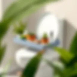 Sleek over toilet tray displaying decorative plants and storage items