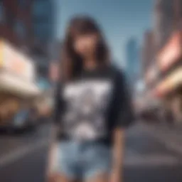 A trendy oversized anime tee displayed in an urban setting