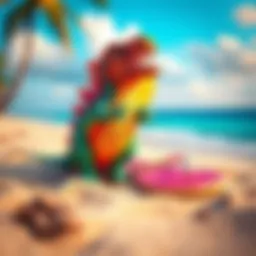 Colorful dinosaur flip flops showcased on a vibrant beach background